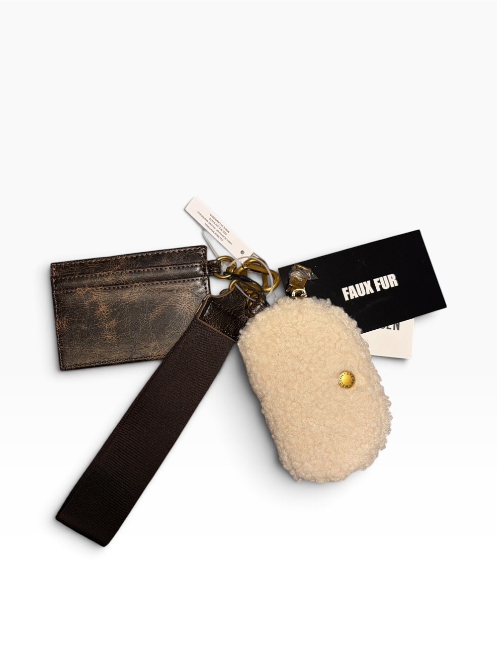 Steve Madden Sheep Duo Cream Faux-Fur Keychain & Brown Vegan Leather Card Case